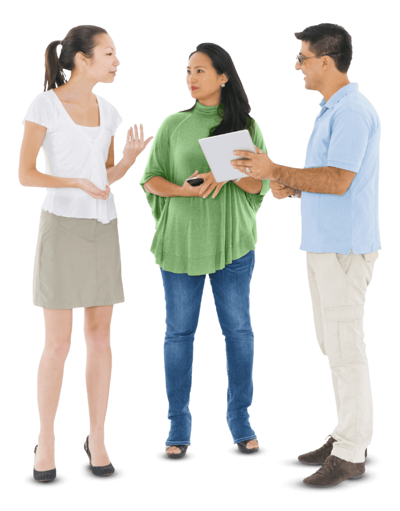 three people speaking to each other